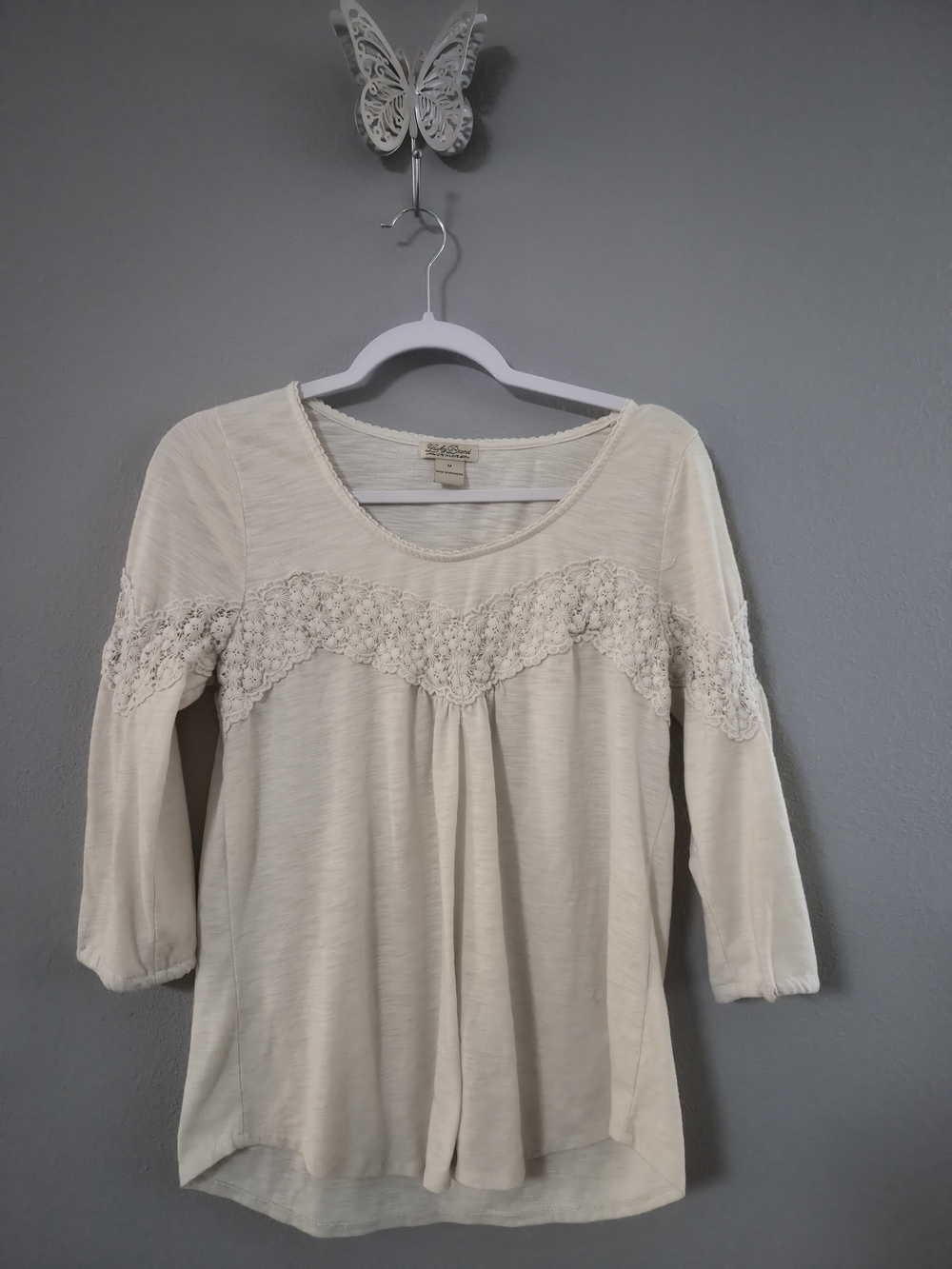Lucky Brand Cream Crochet Yoke 3/4 Sleeve Tunic